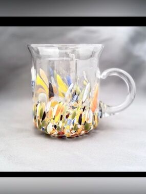 New White Cristal Confetti Studio Art Glass Mug 16 oz Hand Blown Italy Murano